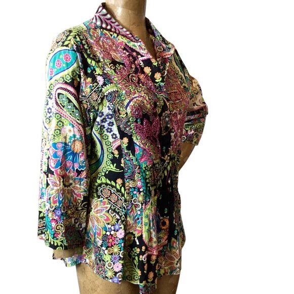 Bleu Bayou Boho Hippie Colorful Pleated Beaded Cotton Top L #328D - Picture 3 of 10